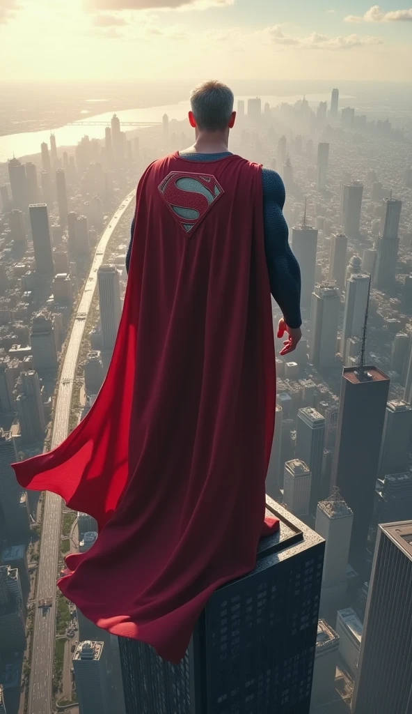 **The 60-year-old man, now Superman, stands confidently on top of a tall building. He surveys the cityscape below, with the wind blowing through his cape and the vast urban landscape stretching out beneath him.
