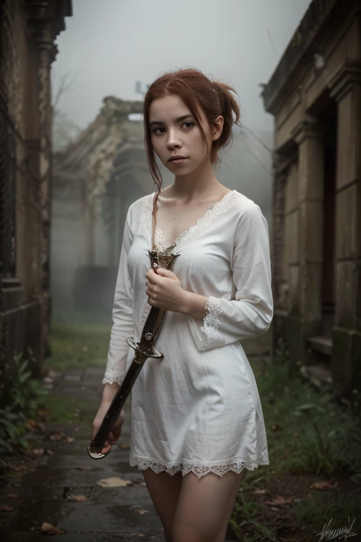 1girl, 18 year old , Lilie the protagonist with red hair, red eyes, from "Ender Lilies" wearing her signature white long tunic with intricate lace détails, holding a mysticall sword adoned with ancient runes. The background shows a hauntingly beatiful, decaying kingdom with misty ruins and ethereal spirirs floatiog around her, crationg a sense of melancholy and mystery. the lighting cast dynamic shadows, emphasizing her determinde expression and the contrast between light and darkness.