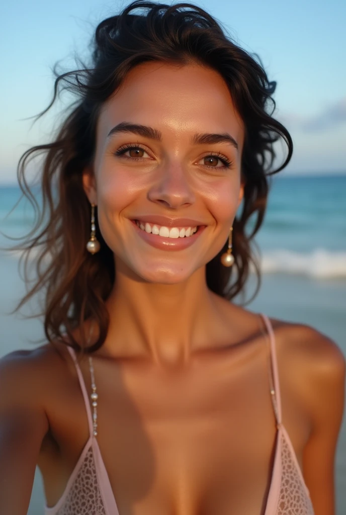 Créer une scène réaliste de style 4k d'une belle femme de 20 ans sur une plage d'Amérique du Sud, visage sérieux souriant,élégant, peau bronzée couleur brune, forme du visage ovale, slightly with dark circles and Légèrement tombant upper eyelid, nez large, punta de la nariz Légèrement tombant, rides nasogéniales légèrement marquées, lèvres épaisses comme une femme noire, coin de la bouche ,Légèrement tombant, seins naturels extrêmement petits, photo type selfie, taille de 167 cm, avec des vêtements de plage, (Peau très détaillée:1.2), 8K HD, Reflex numérique, éclairage doux, Haute qualité, grain de film, Fujifilm XT3