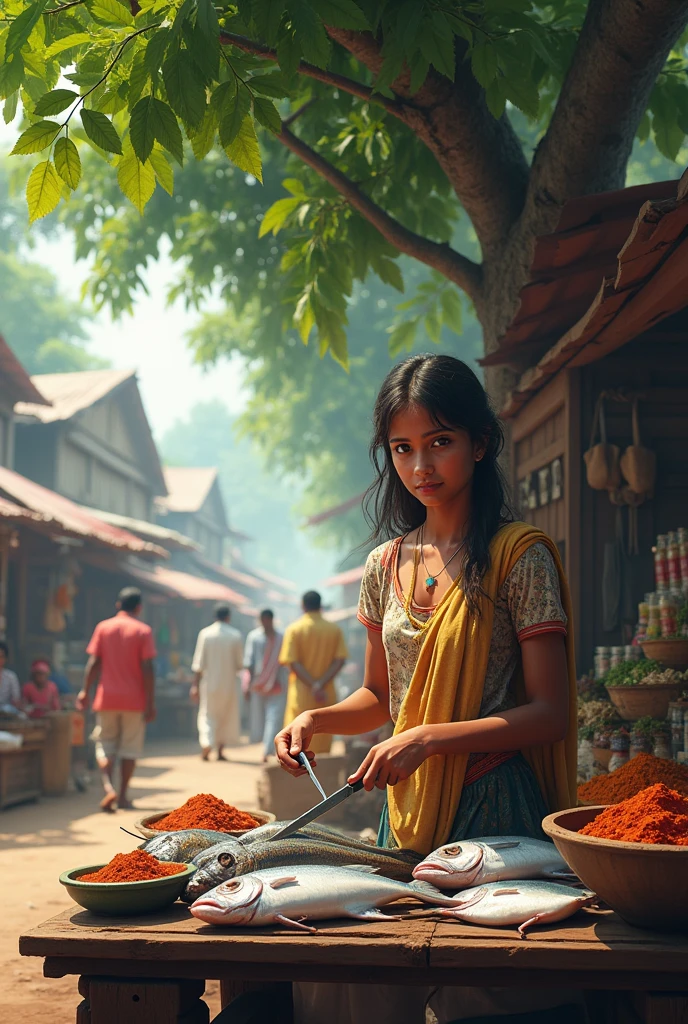 In the market under a neem tree there is a girl who is selling fish and she is cutting one fish