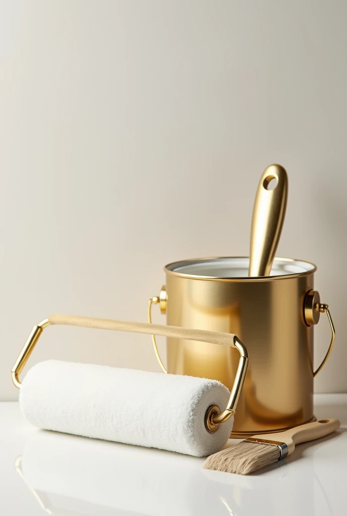 generally a paint roller with a gold grip handle, and metallic white paint supported by a gold can of paint, with metallic white paint inside and next to it a brush with a gold grip handle and the same white color on the edges. metallic