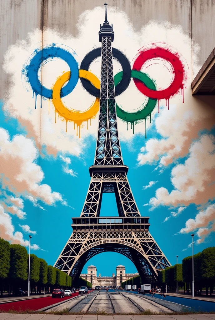 Graffiti of the Eiffel Tower with Olympic Rings**
- **concept**: The Eiffel Tower as a central figure, with the five Olympic rings suspended above it.
- **colors**: The Eiffel Tower in metallic grey and the rings in their classic colours.
- **bottom**: A mix of clouds and dynamic lines that symbolize movement, perhaps with a touch of blue evoking the sky of Paris.