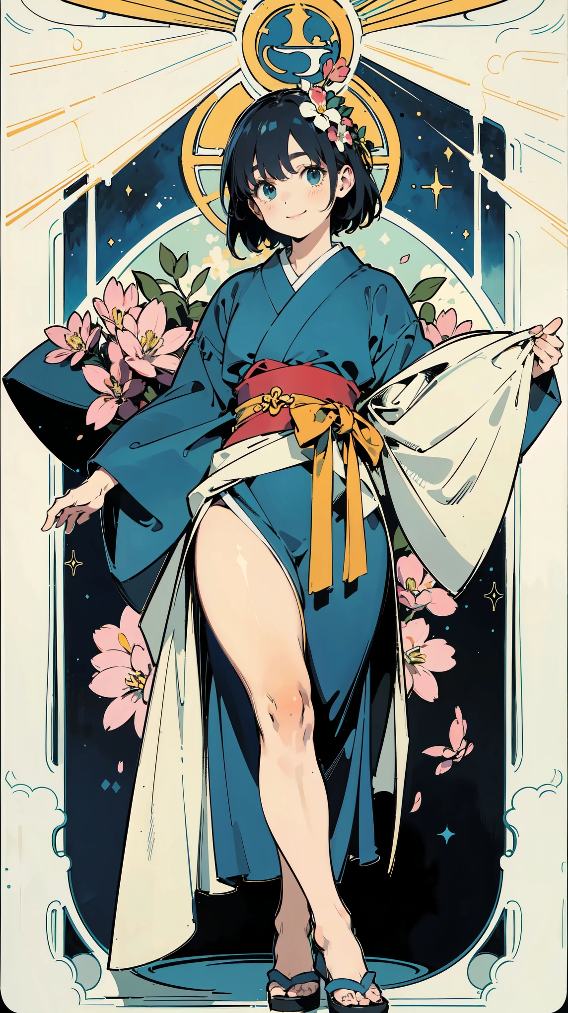 Tarot Cards、Masterpiece、Highest quality、Amazing details、Detailed Background、Line art、Written boundary depth、Flat Shading、Mucha style、Art Nouveau、Botanical Art、Flower Art、Surrounded by lots of flowers、Japanese summer fashion in the 1990s、Vintage Color、colorful、Anatomically correct、Slim figure、Thick thighs、Expressive eyes、smilingly、Perfect Face、Black Hair、Short Hair、Embarrassing、She is blushing