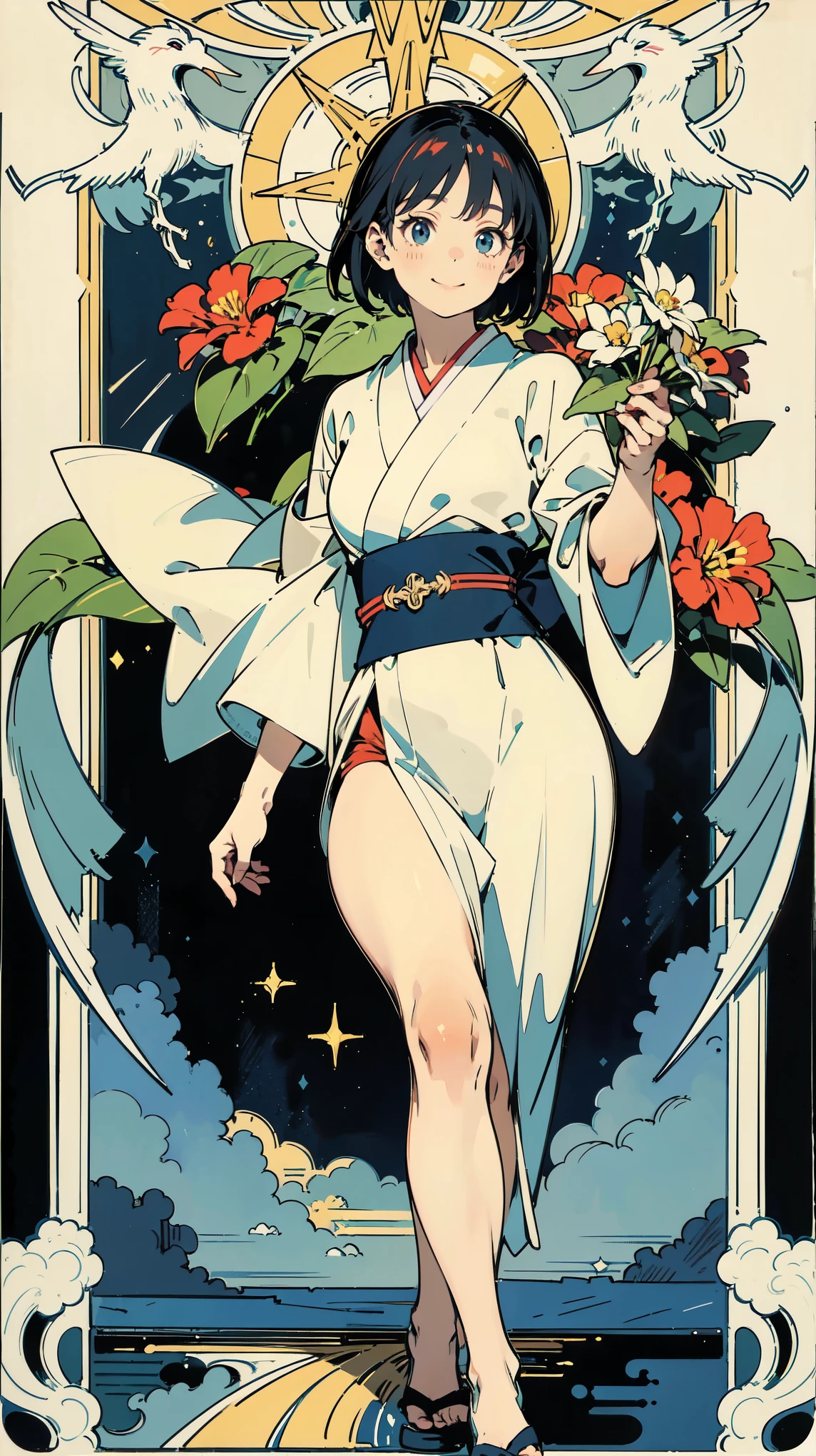 Tarot Cards、Masterpiece、Highest quality、Amazing details、Detailed Background、Line art、Written boundary depth、Flat Shading、Mucha style、Art Nouveau、Botanical Art、Flower Art、Surrounded by lots of flowers、Japanese summer fashion in the 1990s、Vintage Color、colorful、Anatomically correct、Slim figure、Thick thighs、Expressive eyes、smilingly、Perfect Face、Black Hair、Short Hair、Embarrassing、She is blushing