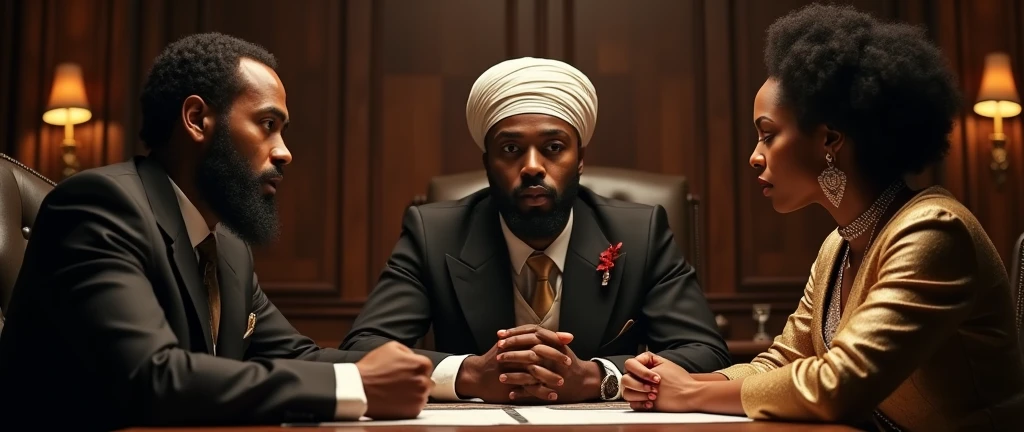 one muslim man with a turban and a jamaican man and an african queen talking at an office in style of the godfatter movies,