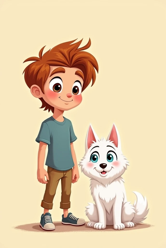 Create a Disney-style cartoon image of a young man (no child) Chestnut with a small all white husky with blue eyes with a beige background