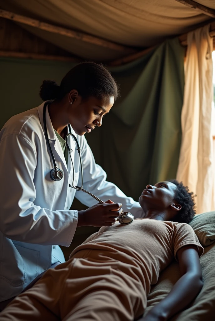 Stethoscope obviously in use in in a practitioner hand on a patient chest lying on a bed in a African refugees camp