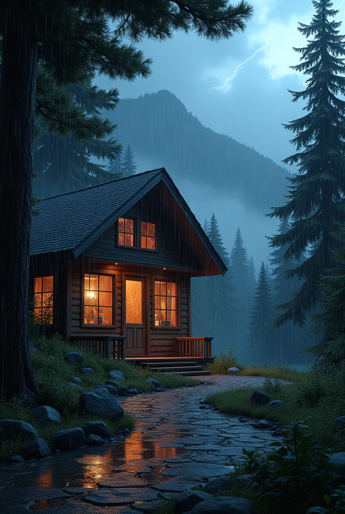 Create a scene of a large chalet with a view from inside it in a forest at night with rainy weather 