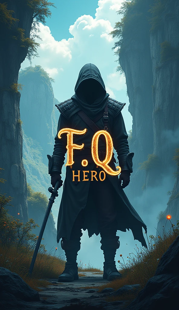There is word title "F.Q HERO". Title word with beautiful and stylish wallpaper. ultra HD, aesthetic, realistic, natural, gaming, action. There is an adventurer with covered face in the background.