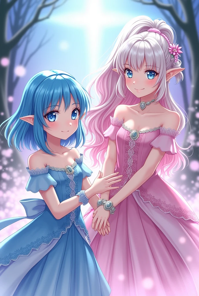 An elf with shoulder-length blue hair without bangs, a human with long pink wavy hair without bangs and a human with white hair tied in a ponytail with bangs in the anime princess style