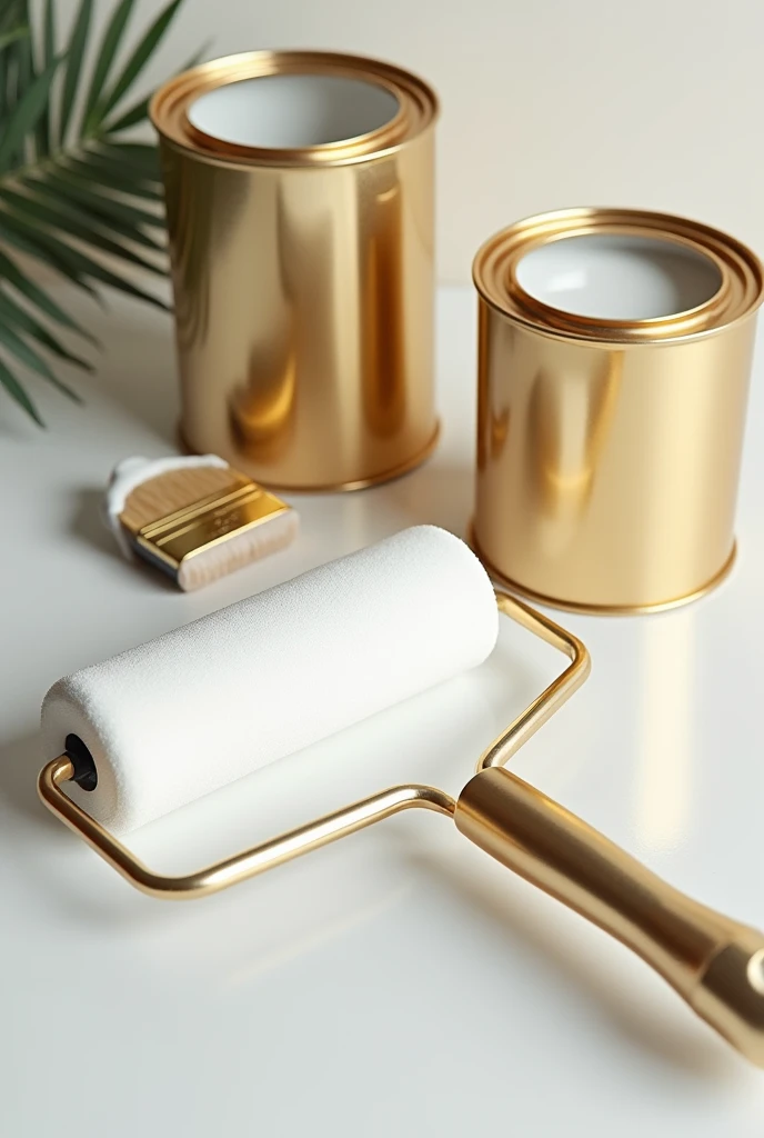 generally a paint roller with a gold grip handle, and metallic white paint supported by a gold can of paint, with metallic white paint inside and next to it a brush with a gold grip handle and the same white color on the edges. metallic