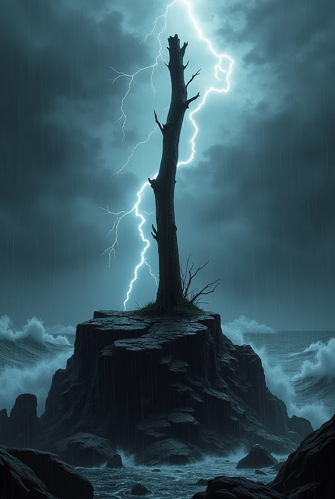 Wind symbol included stick on black rock with heavy rain and thunder weather condition