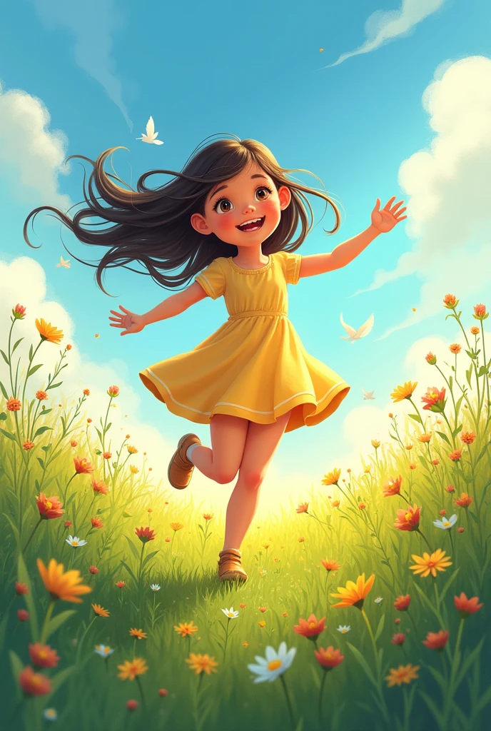 Image drawing happy girl in the field