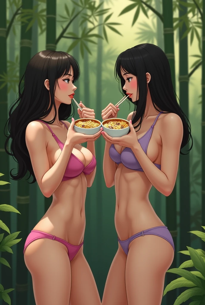 2 Asian women with big breasts and giant ass in pink panties both naked in a garden surrounded by bamboo eating ramen