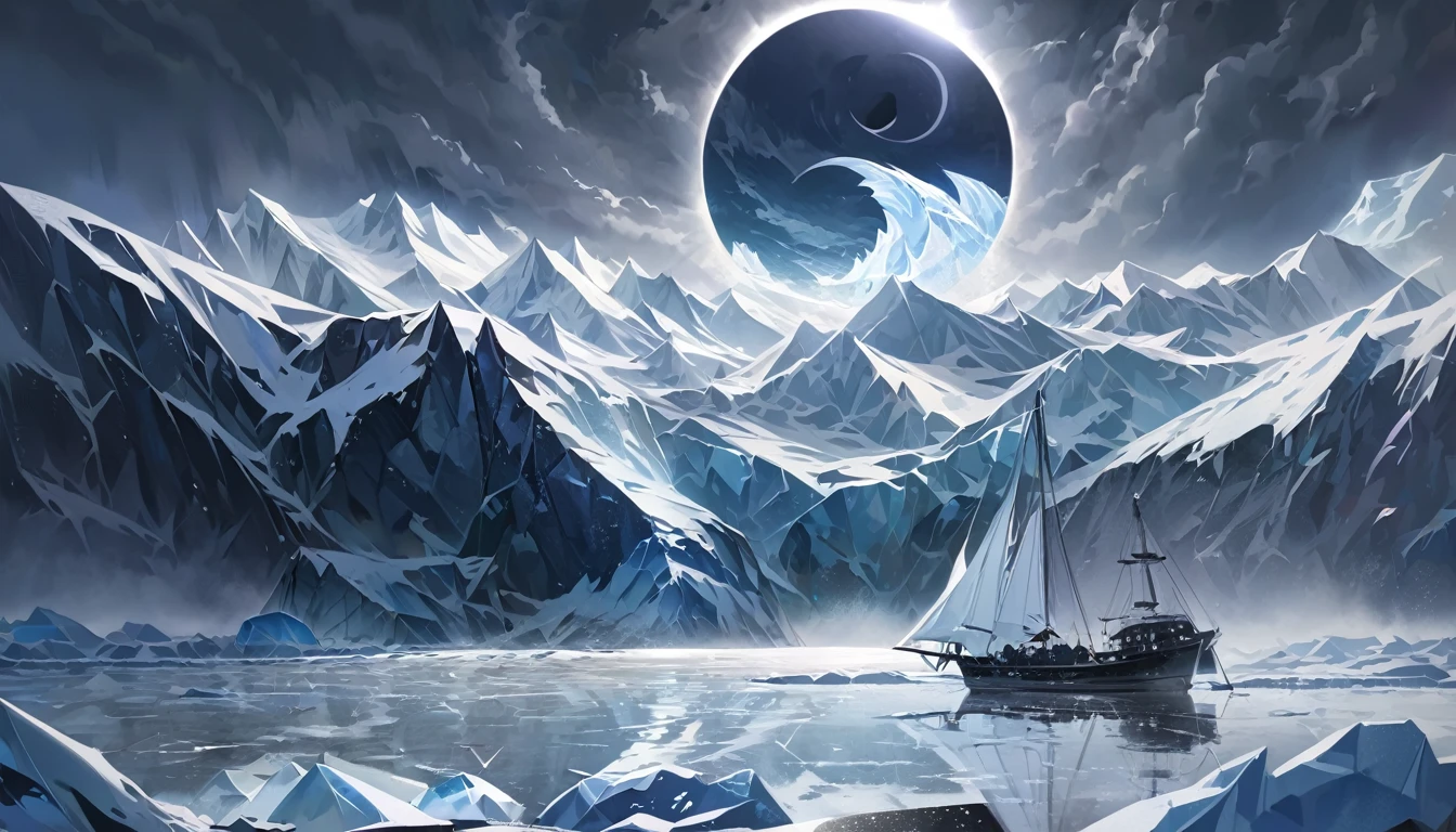Solar eclipse over a frozen sea, many glaciers, black iceberg, storm, lonely sailboat, gloomy atmosphere, reflection, high detail and elaboration, photorealism