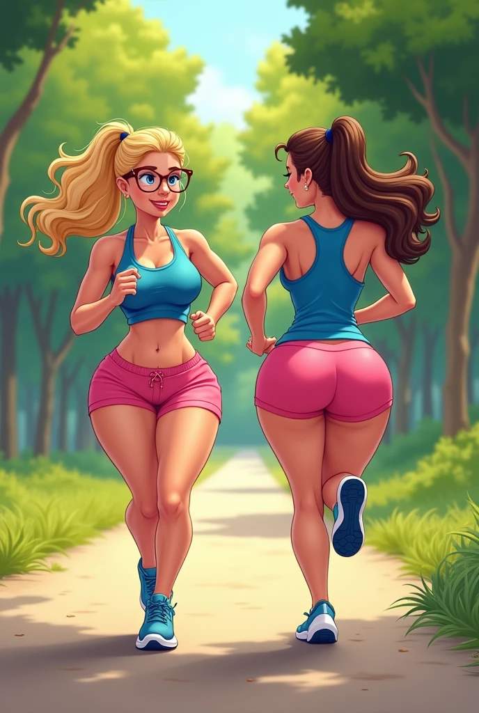 A blonde woman with curly hair tied back and glasses, culona, big boobs, blue tank top, tight pink mini sports shorts running in a park with her brown haired friend in blue sportswear with big butt and toned abdomen and mega busty E cup breasts in cartoon drawing format
