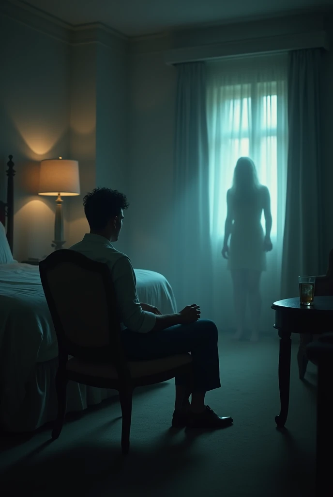 Man inside hotel room, with ghost woman