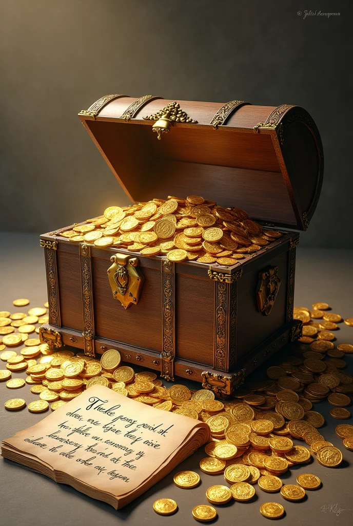 chest full of treasures many gold coins and a written caption"Do not store up treasures for yourselves"