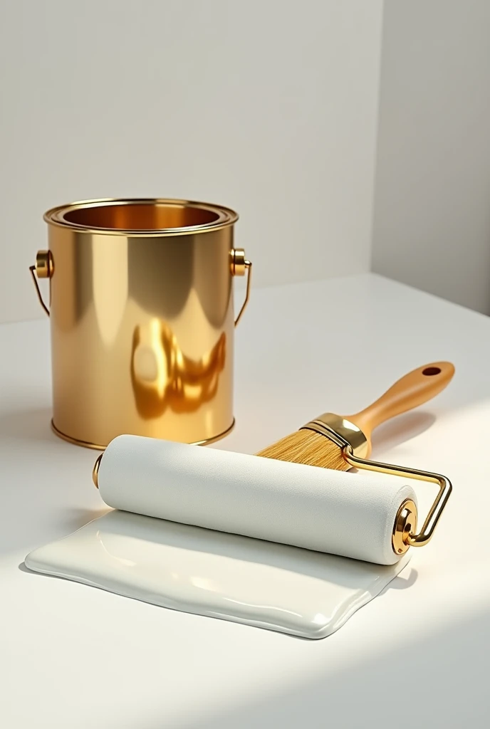 generally a paint roller with a gold grip handle, and metallic white paint supported by a gold can of paint, with metallic white paint inside and next to it a brush with a gold grip handle and the same white color on the edges. metallic