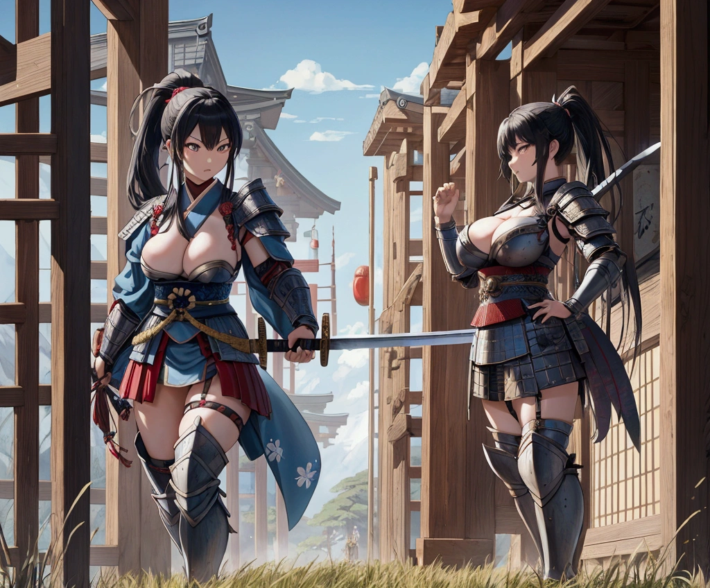 (Japanese women)、(Warrior Princess)、(Goddess of War)、(Black Hair)、(ponytail)、(Old Japanese Armor)、((Holding the Japan sword))、(True to prompts)、(Deluxe)、(Glaring with sharp eyes)、(Super big breasts),(battlefield)、(grassland)、((A large number of soldiers))、(sunny)、(blue sky)、(Best lighting)、{{{Browsing Caution}}}、{{{masterpiece}}}, {{{Highest quality}}}, {{ultra-detailed}}, {{shape}}, {{{Very delicate and beautiful}}},{{extremely detailed CG}}、{{unity 8k portrait}}、{{Fabric Shading}}、{{super detailed skin}}、{{Perfect Anatomy}}、{{detailed}}、{{Dynamic Lighting}}、{{{beautiful detailed eyes}}}、{{{beautiful detailed Face}}}、(Perfect Legs)、(Perfect breasts)、(Perfect pose)、(Perfect body)