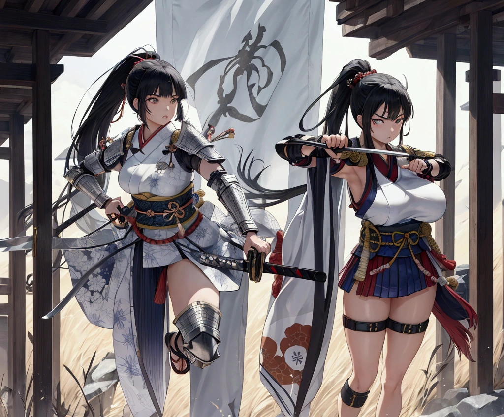 (Japanese women)、(Warrior Princess)、(Goddess of War)、(Black Hair)、(ponytail)、(Old Japanese Armor)、((Holding the Japan sword))、(True to prompts)、(Deluxe)、(Glaring with sharp eyes)、(Super big breasts),(battlefield)、(grassland)、((A large number of soldiers))、(sunny)、(blue sky)、(Best lighting)、{{{Browsing Caution}}}、{{{masterpiece}}}, {{{Highest quality}}}, {{ultra-detailed}}, {{shape}}, {{{Very delicate and beautiful}}},{{extremely detailed CG}}、{{unity 8k portrait}}、{{Fabric Shading}}、{{super detailed skin}}、{{Perfect Anatomy}}、{{detailed}}、{{Dynamic Lighting}}、{{{beautiful detailed eyes}}}、{{{beautiful detailed Face}}}、(Perfect Legs)、(Perfect breasts)、(Perfect pose)、(Perfect body)