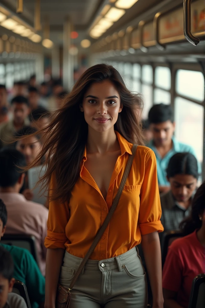 Very beautiful girl open hair going office in mumbai local full of people