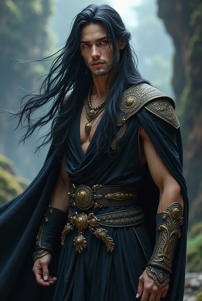 a young man in his twenties, he is from fantasy world, he is king of moon, he is tall and skinny but very athletic, he has very long extremly black hair and deep ruby red eyes, he has tan that light almost silver, he is handsome, very beautiful, baby face, breathtaking beautiful he is real king amazing and brave, strong