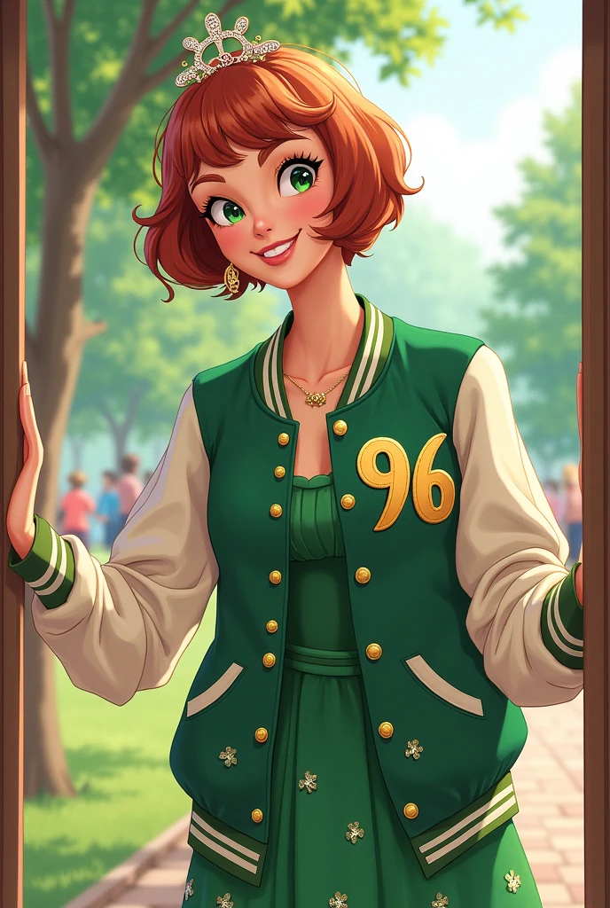 A woman with a cheerful expression standing in a doorway, wearing a vintage varsity jacket over a green dress adorned with shimmering shamrock sequins. The jacket is emblazoned with '96' and there's a pin on the lapel. She has short, reddish hair, and a dainty tiara. In the background, a lush park with people milling about can be seen through the open door.