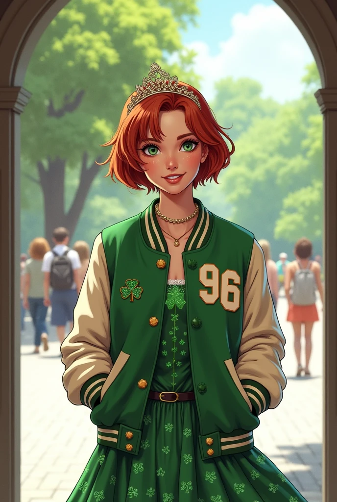 A woman with a cheerful expression standing in a doorway, wearing a vintage varsity jacket over a green dress adorned with shimmering shamrock sequins. The jacket is emblazoned with '96' and there's a pin on the lapel. She has short, reddish hair, and a dainty tiara. In the background, a lush park with people milling about can be seen through the open door.