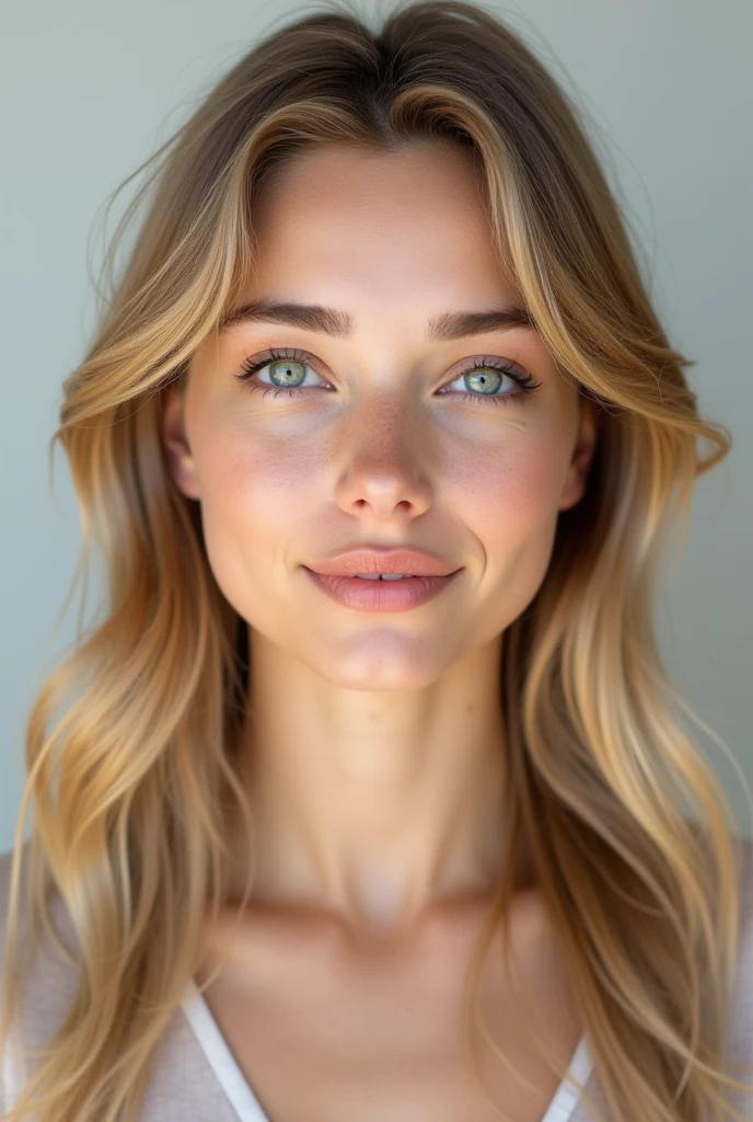"Create a realistic image of a 20-year-old European woman with a youthful and attractive appearance, captured in a passport-style photo. She should have a fair complexion with smooth, clear skin. Her facial features should include slightly fuller cheeks, high cheekbones, and a defined jawline. Her lips should be full, and her eyes should be bright and expressive, with light blue or green irises and well-defined brows. Her hair should be long, blonde, and slightly wavy, framing her face naturally. The image should be a direct, front-facing view, with a neutral expression and even, soft lighting that highlights her features evenly."
