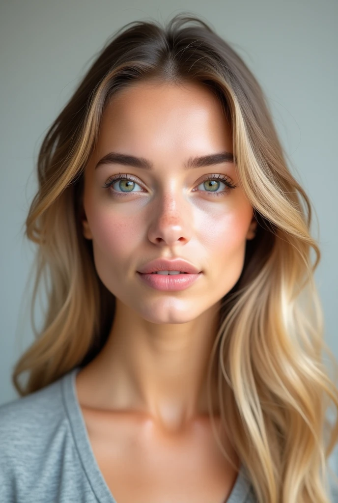 "Create a realistic image of a 20-year-old European woman with a youthful and attractive appearance, captured in a passport-style photo. She should have a fair complexion with smooth, clear skin. Her facial features should include slightly fuller cheeks, high cheekbones, and a defined jawline. Her lips should be full, and her eyes should be bright and expressive, with light blue or green irises and well-defined brows. Her hair should be long, blonde, and slightly wavy, framing her face naturally. The image should be a direct, front-facing view, with a neutral expression and even, soft lighting that highlights her features evenly."