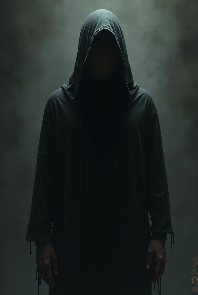 Create a character, totally dark, faceless, and a long-sleeved black shirt, no hood, he doesn't wear a hood