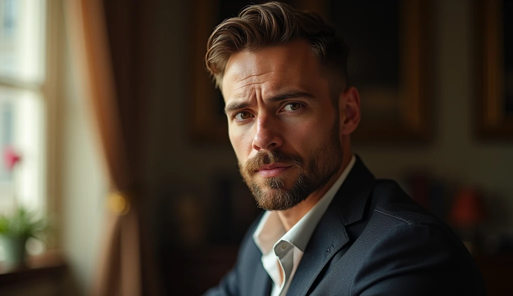 Ultra-realistic portrait of a handsome man in his thirties, the main subject of the image. He should have brown eyes, short, well-combed brown hair, a well-groomed face, and a neatly trimmed beard. He has a serious expression and looks directly at the camera with an air of friendliness. He is in an indoor environment, suggesting an office in a large traditional mansion, with natural light coming from the side, creating a soft effect that creates diffuse shadows, enhancing the texture of the skin and the brightness of the eyes, and highlighting the angular features of the face. The background should be wide and blurred, creating a sense of depth and containing everything that makes up the setting of an office in a large mansion, without taking focus away from the main subject. The image should convey a warm and introspective feeling, with a touch of mystery and contemplation. The photo should capture extreme detail, with high quality 8k rendering, while maintaining the serene and enigmatic atmosphere. High quality photography, 8k rendering, extreme detail, realistic portrait, introspective atmosphere, soft and diffused lighting, natural light.