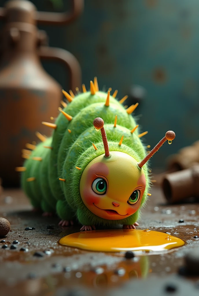 A caterpillar drinking oil.