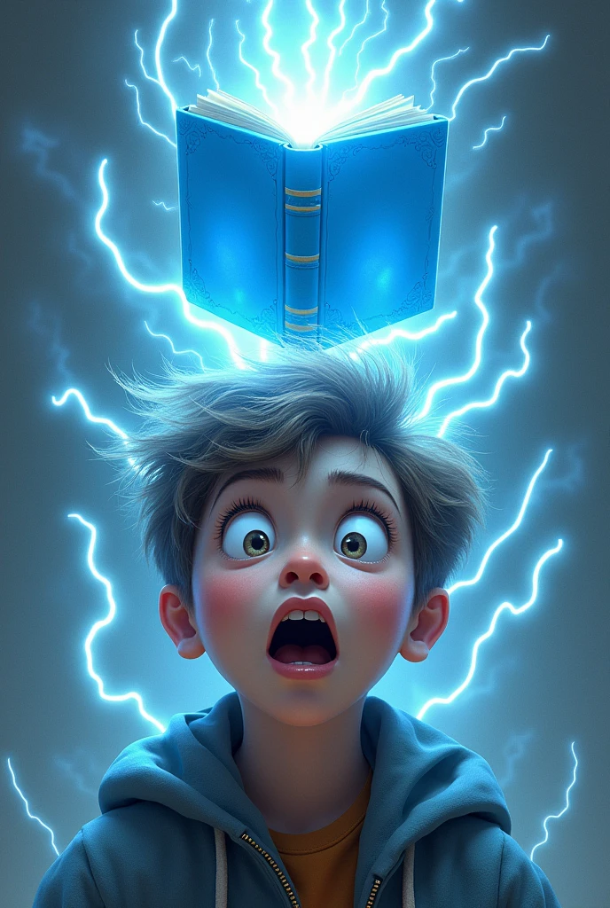 A boy with shocking reaction in the air and top of his had a blue colour magic book which is so much big and glowing