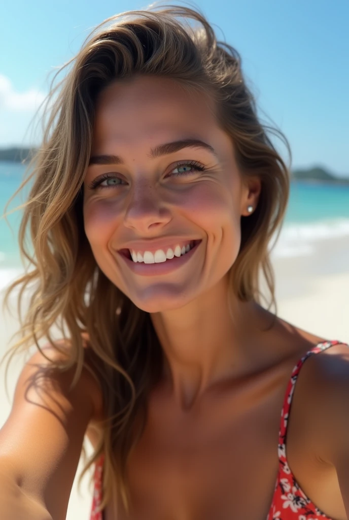 Créer une scène réaliste de style 4k d'une belle femme de 20 ans sur une plage d'Amérique du Sud, visage sérieux souriant,élégant, peau bronzée couleur brune, forme du visage ovale, slightly with dark circles and Légèrement tombant upper eyelid, nez large, punta de la nariz Légèrement tombant, rides nasogéniales légèrement marquées, lèvres épaisses comme une femme noire, coin de la bouche ,Légèrement tombant, seins naturels extrêmement petits, photo type selfie, taille de 167 cm, avec des vêtements de plage, (Peau très détaillée:1.2), 8K HD, Selfie pris avec Iphone, éclairage doux, Haute qualité, grain de film, Fujifilm XT3
