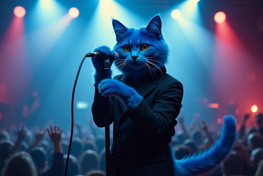 blue cat, on the stage, cinematic angle, wearing black coat, blue hair, singing , microphone, rock concert, rock festival,