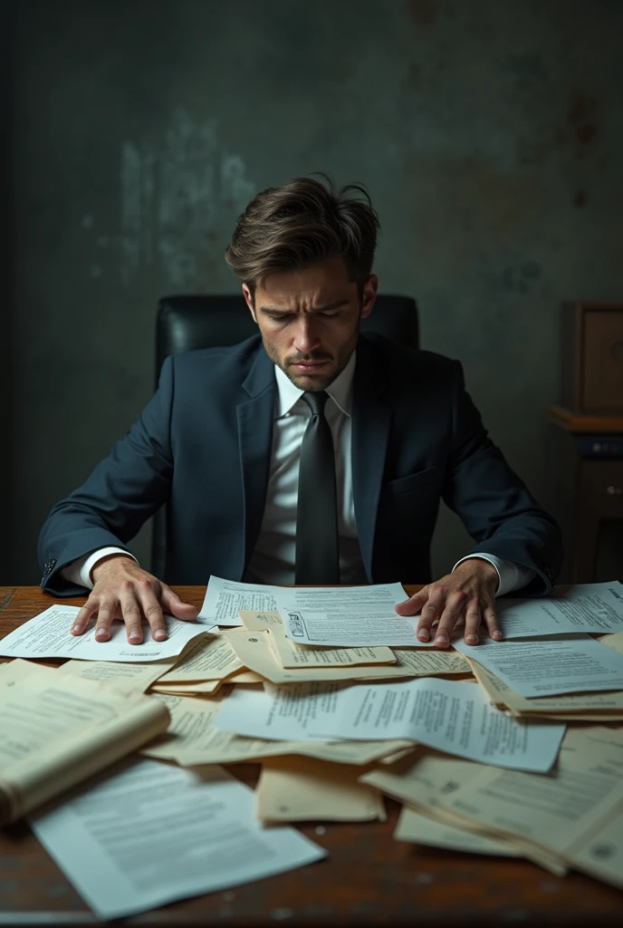 make a sad indebted young businessman man full of paper on realistic table