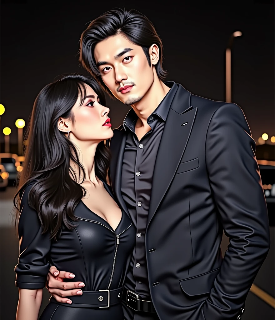 masterpiece, 4k, uhd, ultra realistic, there are a women to the left and a man to the right standing next to each other in a parking lot, with her long, with his long black hair, exclusive, very very very beautiful!!, millaise and greg rutkowski, night!, profile image, profile pic, by Else Alfelt, very very very very beautiful!!, 3 0 years woman, with godray, profile picture