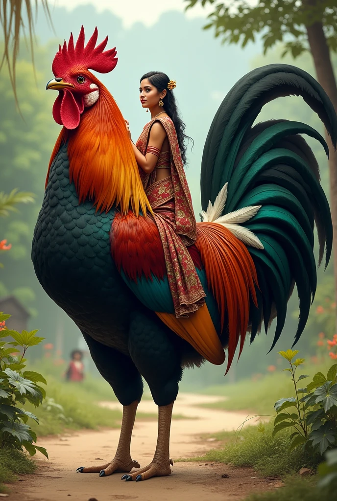 Ak bahut bada murgi ho jiske upar ak ladki baithi ho jisne sari pahni ho