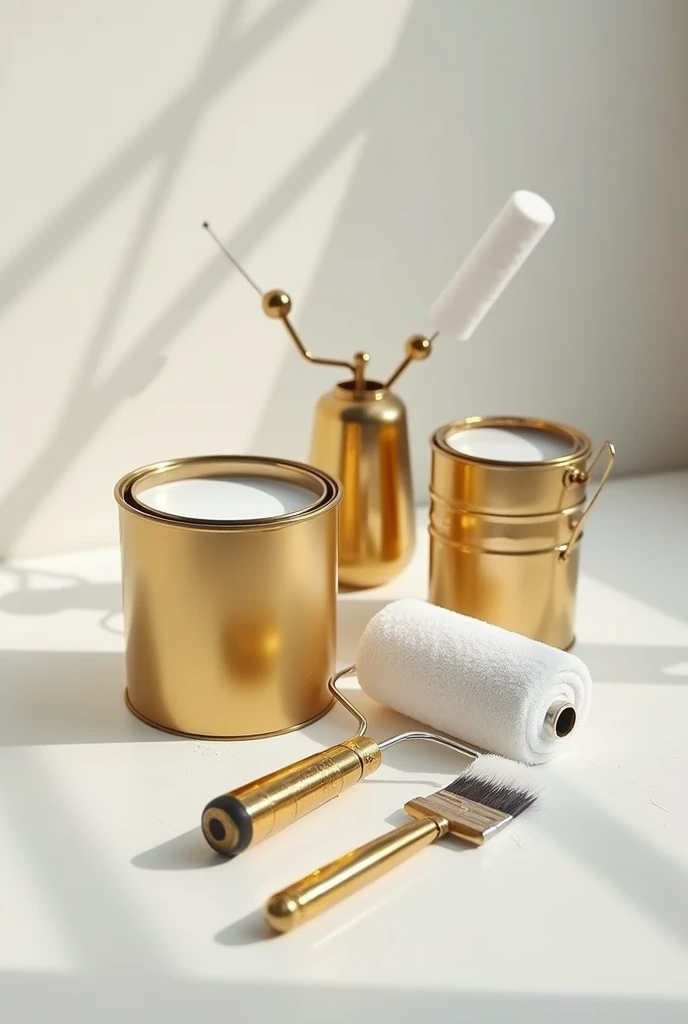generally a paint roller with a gold grip handle, and metallic white paint supported by a gold can of paint, with metallic white paint inside and next to it a brush with a gold grip handle and the same white color on the edges. metallic