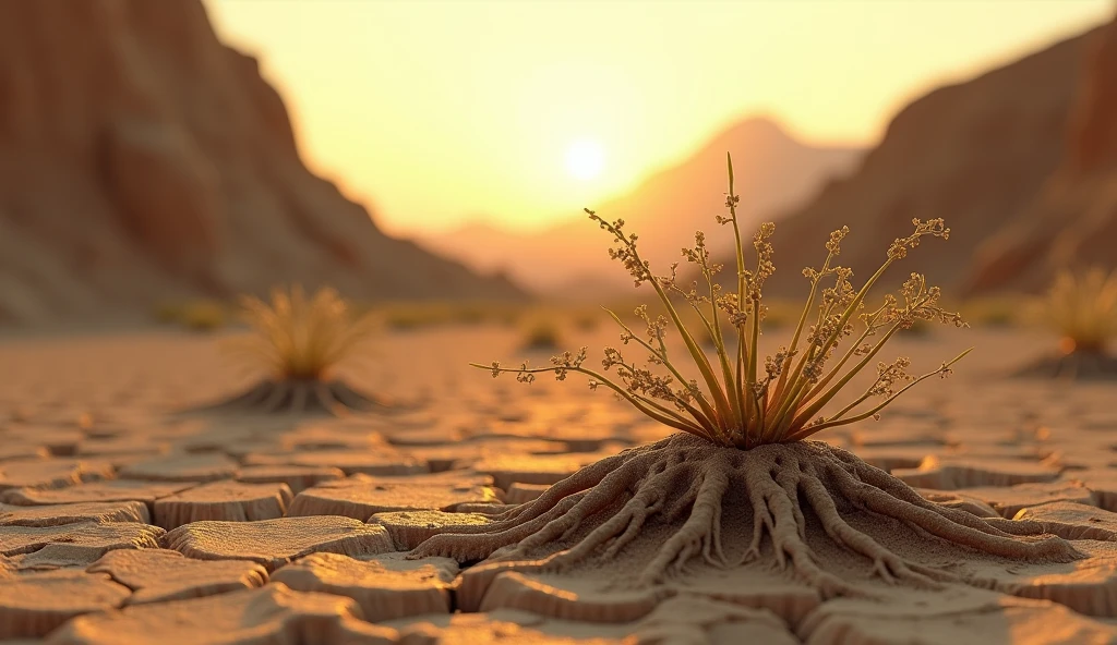 "Withered plants in dry, cracked rocky soil, their roots visible but shallow, struggling under the blazing sun, ar 16:9"
