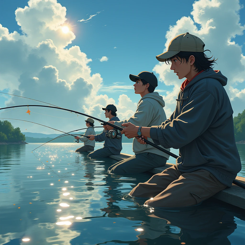 anime realism, In a fishing competition, participants are nervous and focused, striving to achieve the best results. Using dynamic capture techniques to record the intensity of the competition and the enthusiasm of the participants. Beautiful cinematic lighting, surreal, color graded, dynamic movement, captivating chiaroscuro, full body, award-winning, cinematic still, emotional, vignette, dynamic, vivid, (masterpiece, best quality, photorealistic, Professional, perfect composition, very aesthetic, absurdres, ultra-detailed, intricate details:1.3)