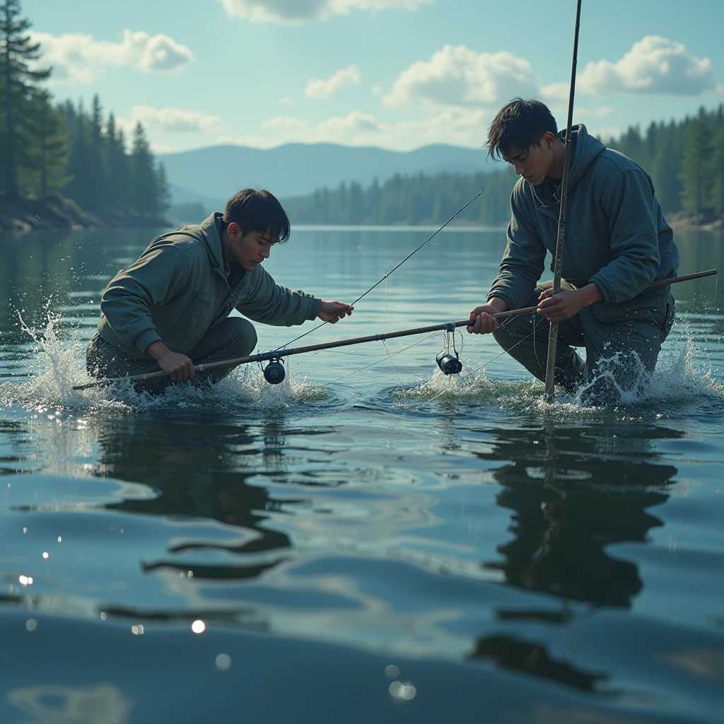 anime realism, In a fishing competition, participants are nervous and focused, striving to achieve the best results. Using dynamic capture techniques to record the intensity of the competition and the enthusiasm of the participants. Beautiful cinematic lighting, surreal, color graded, dynamic movement, captivating chiaroscuro, full body, award-winning, cinematic still, emotional, vignette, dynamic, vivid, (masterpiece, best quality, photorealistic, Professional, perfect composition, very aesthetic, absurdres, ultra-detailed, intricate details:1.3)