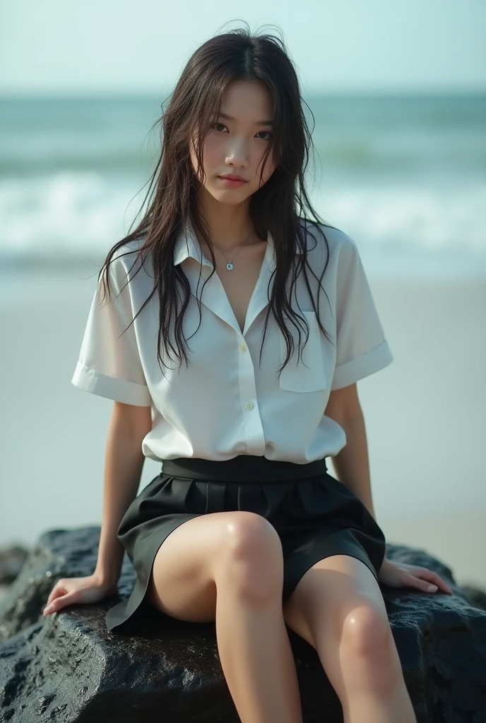 Thai cute girl 18. White skin tone, The wet hair color is a beautiful shade of brown hair. Wearing thai student uniform , Wear a wet white shirt. wearing black very short skirt, converse snitchers sitting on the black rock on the beach, soft light, the most realistic picture.