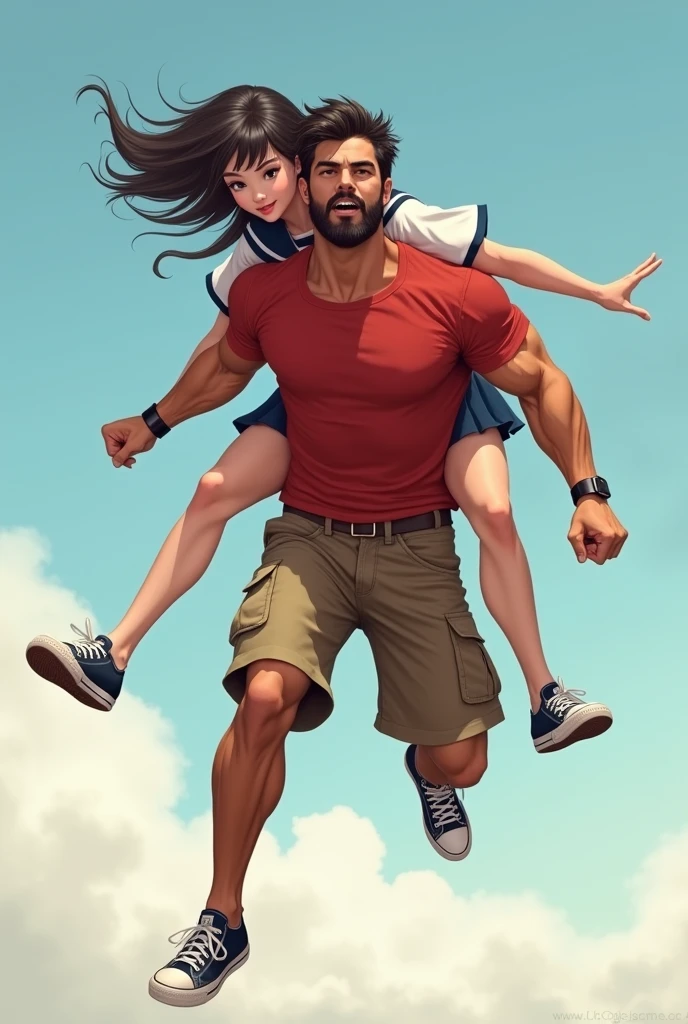 Muscular man wearing a shirt with long shorts Long loose shorts With pockets on the sides with converse sneakers red T-shirt and brown shorts Long short, Normal musculature With beard and baseball cap Realistic musculature Jumping my high extending her arms and on her back is a woman in school uniform Sailor uniform with short skirt clothes move by the wind woman's skirt lifts by the wind Jump like a hero