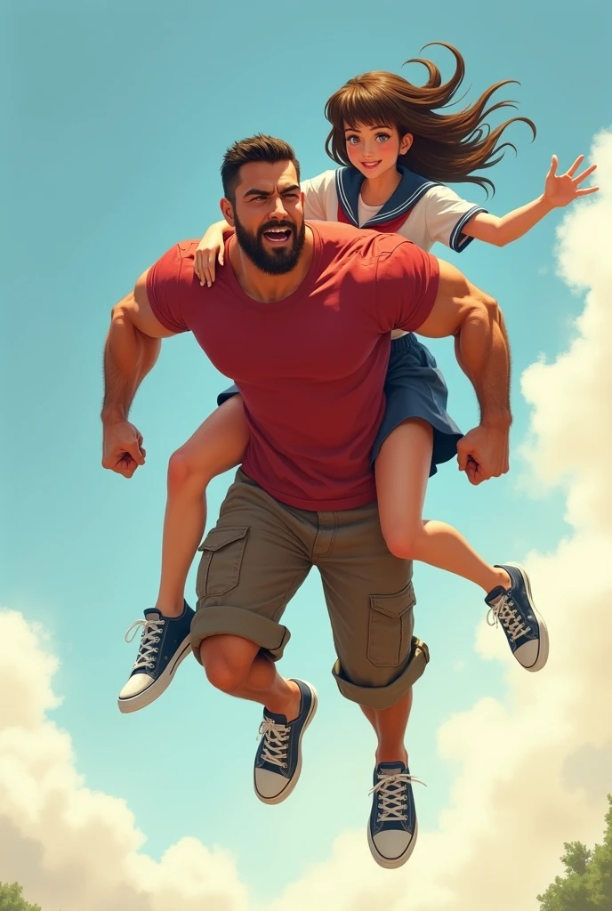 Muscular man wearing a shirt with long shorts Long loose shorts With pockets on the sides with converse sneakers red T-shirt and brown shorts Long short, Normal musculature With beard and baseball cap Realistic musculature Jumping my high extending her arms and on her back is a woman in school uniform Sailor uniform with short skirt clothes move by the wind woman's skirt lifts by the wind Jump like a hero 