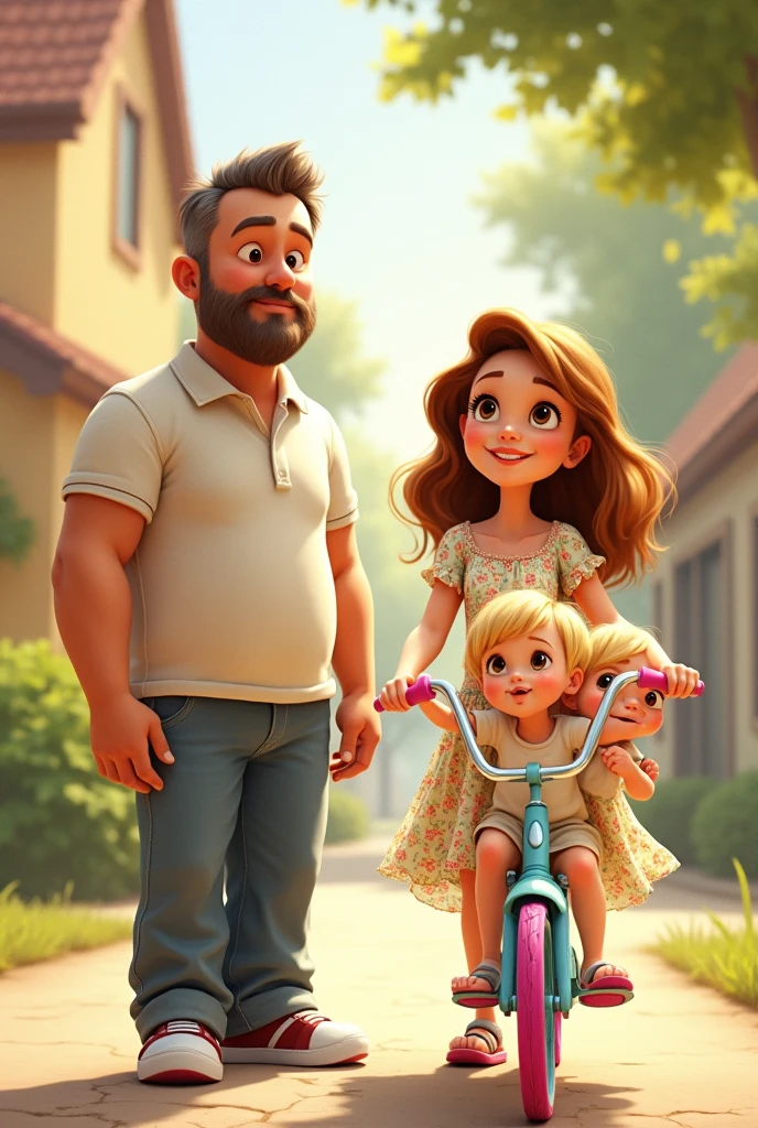 Image type dessin animé pixar d'une famille, blanche, papa 35 ans yeux marrons cheveux poivre et sel, barbe châtain, un peu de ventre habillé en chino polo baskets. maman 35 ans femme très ronde châtain clair yeux bleus habillée en robe fleuri sandales. Une de 4 ans sur son vélo bleu ciel à roues roses, blonde aux yeux marrons. Et des fausses jumelles de 10 mois chacune dans les bras de leurs parents, cheveux blonds châtain aux yeux bleus, l'autre blonde châtain aux yeux marrons avec une fossette à la joue gauche