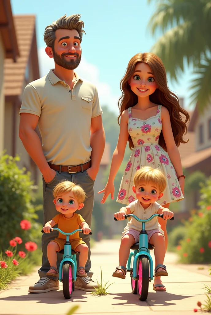Image type dessin animé pixar d'une famille, blanche, papa 35 ans yeux marrons cheveux poivre et sel, barbe châtain, un peu de ventre habillé en chino polo baskets. maman 35 ans femme très ronde châtain clair yeux bleus habillée en robe fleuri sandales. Une de 4 ans sur son vélo bleu ciel à roues roses, blonde aux yeux marrons. Et des fausses jumelles de 10 mois chacune dans les bras de leurs parents, cheveux blonds châtain aux yeux bleus, l'autre blonde châtain aux yeux marrons avec une fossette à la joue gauche