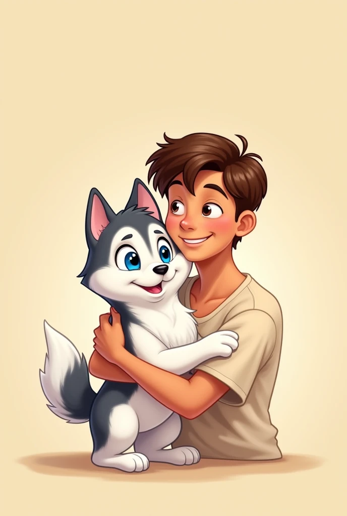 Create a Disney-style cartoon image of a young man (no child) brown hugging a small totally WHITE husky with blue eyes with a beige background That same image but make the hair darker